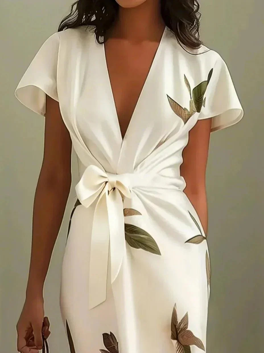 Midi bodycon dress in satin with short sleeves and white leaf pattern