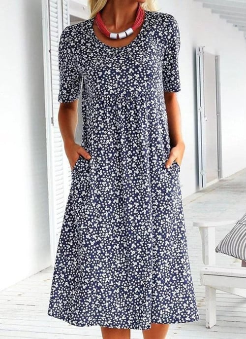 Casual Women's Scoop Neck Floral Dress (8 Colours with Pockets)