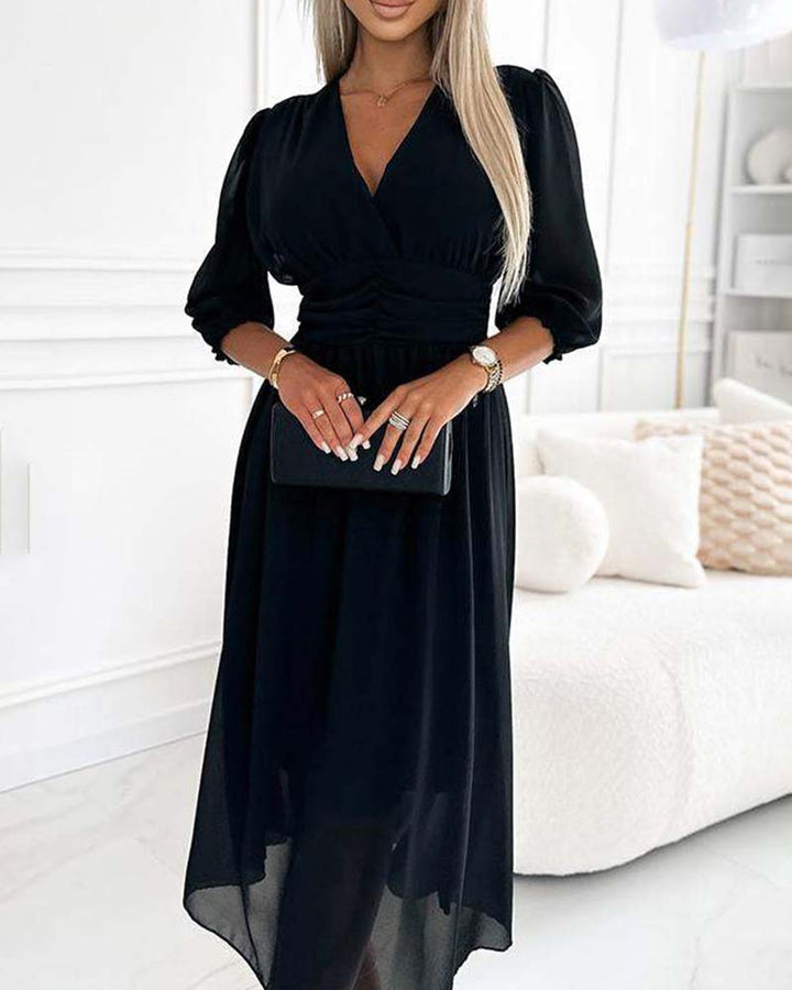 V-neck Solid Colour Waist Dress