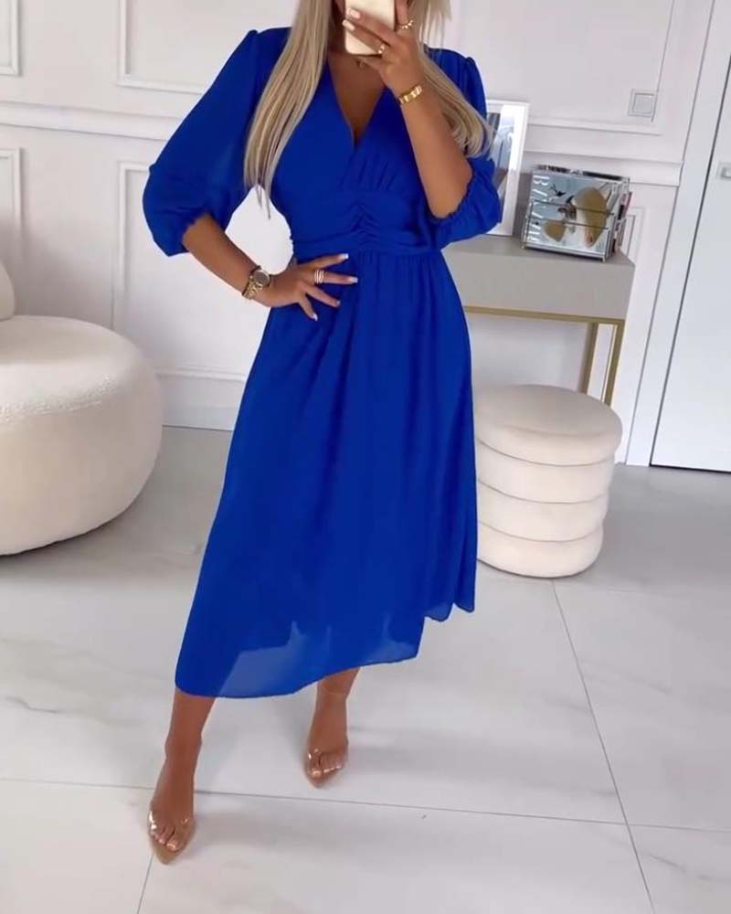 V-neck Solid Colour Waist Dress