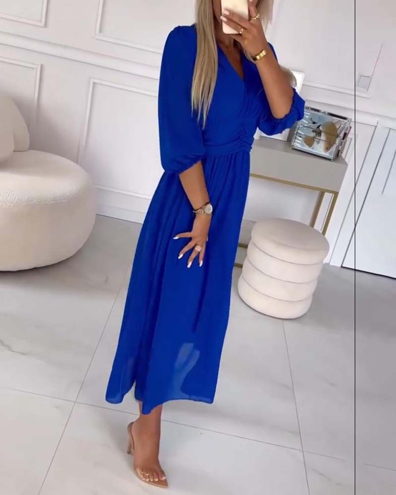 V-neck Solid Colour Waist Dress