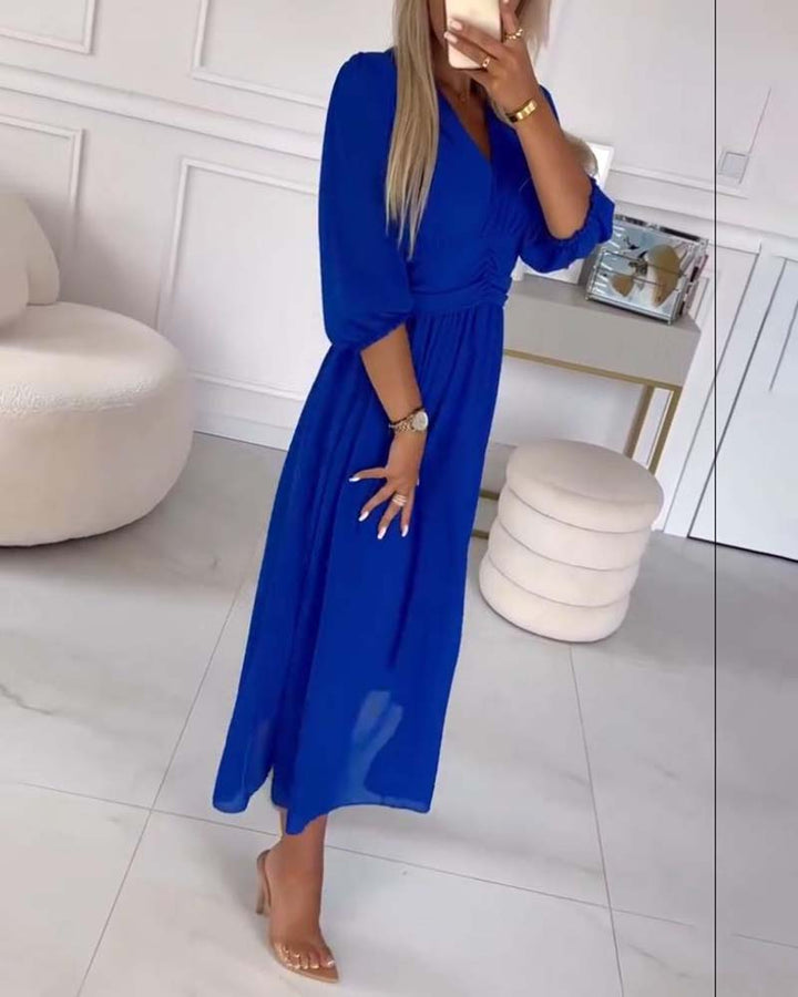 V-neck Solid Colour Waist Dress