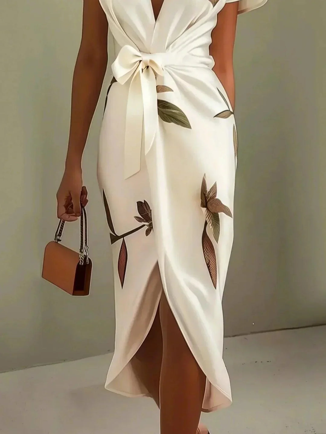 Midi bodycon dress in satin with short sleeves and white leaf pattern
