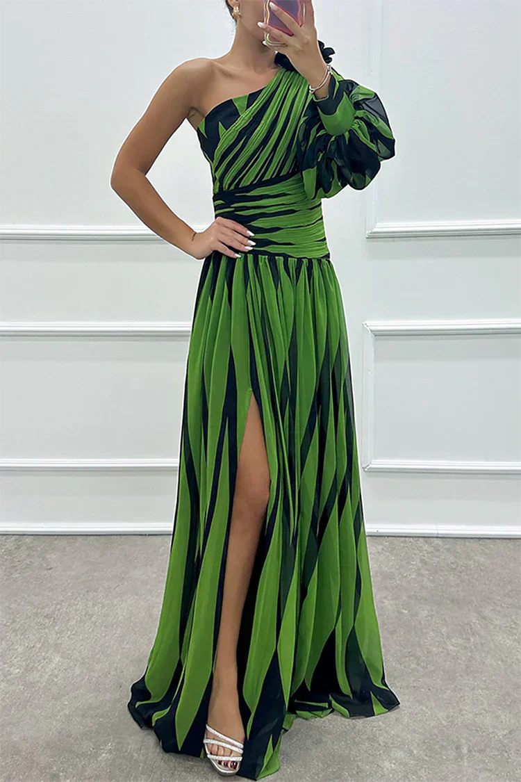 Shiloh - Elegant long striped dress with one shoulder