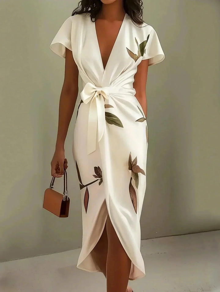 Midi bodycon dress in satin with short sleeves and white leaf pattern