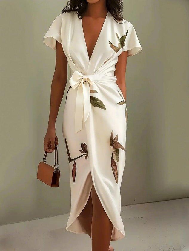 Midi bodycon dress in satin with short sleeves and white leaf pattern