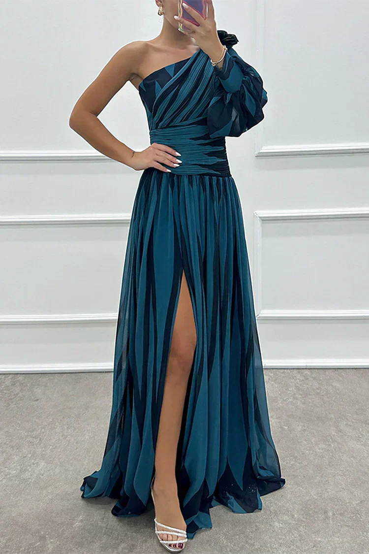 Shiloh - Elegant long striped dress with one shoulder