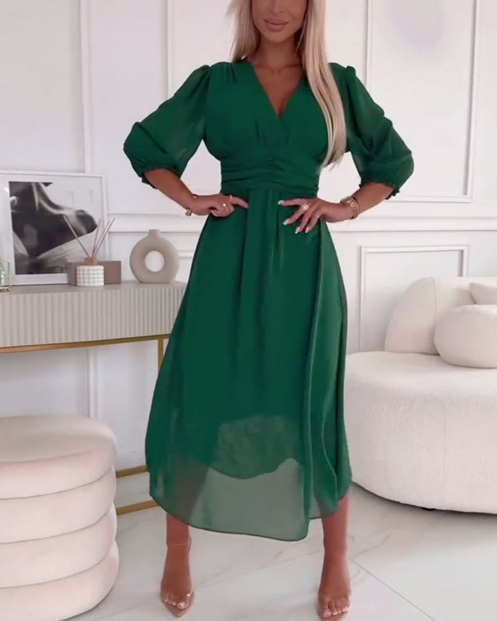 V-neck Solid Colour Waist Dress