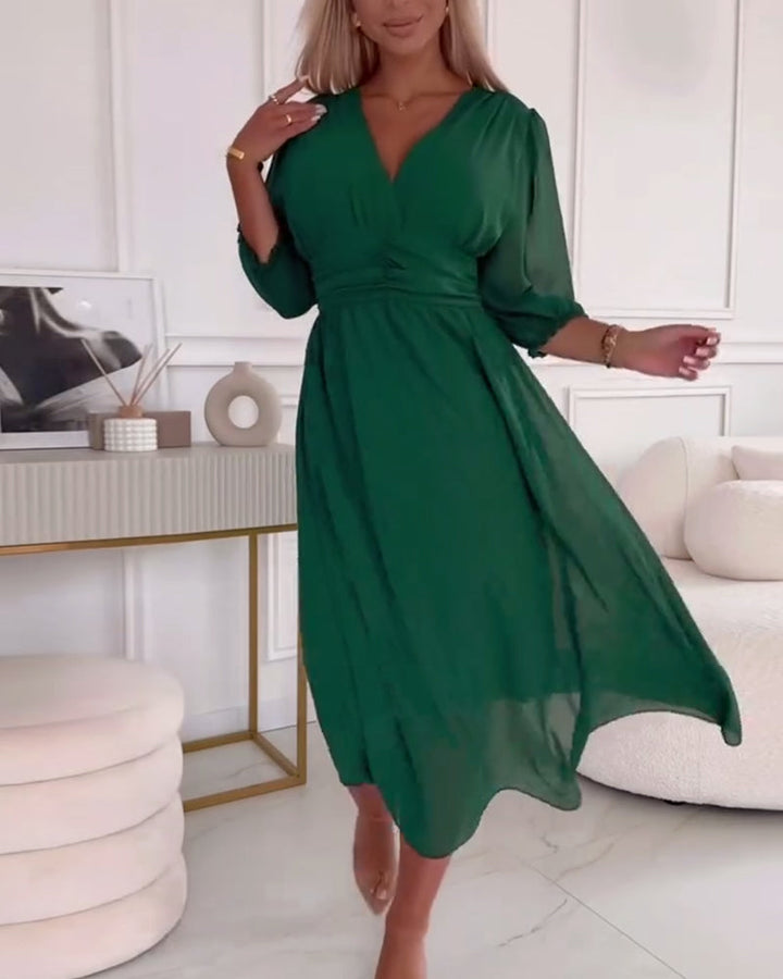 V-neck Solid Color Waist Dress