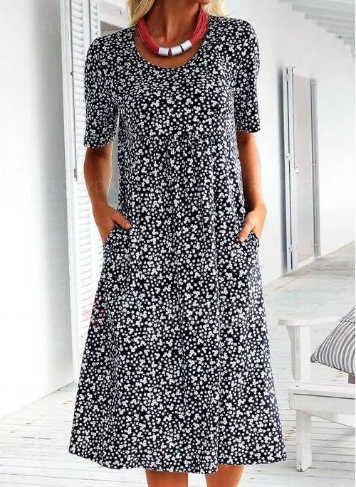 Casual Women's Scoop Neck Floral Dress (8 Colours with Pockets)