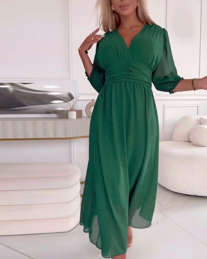 V-neck Solid Color Waist Dress