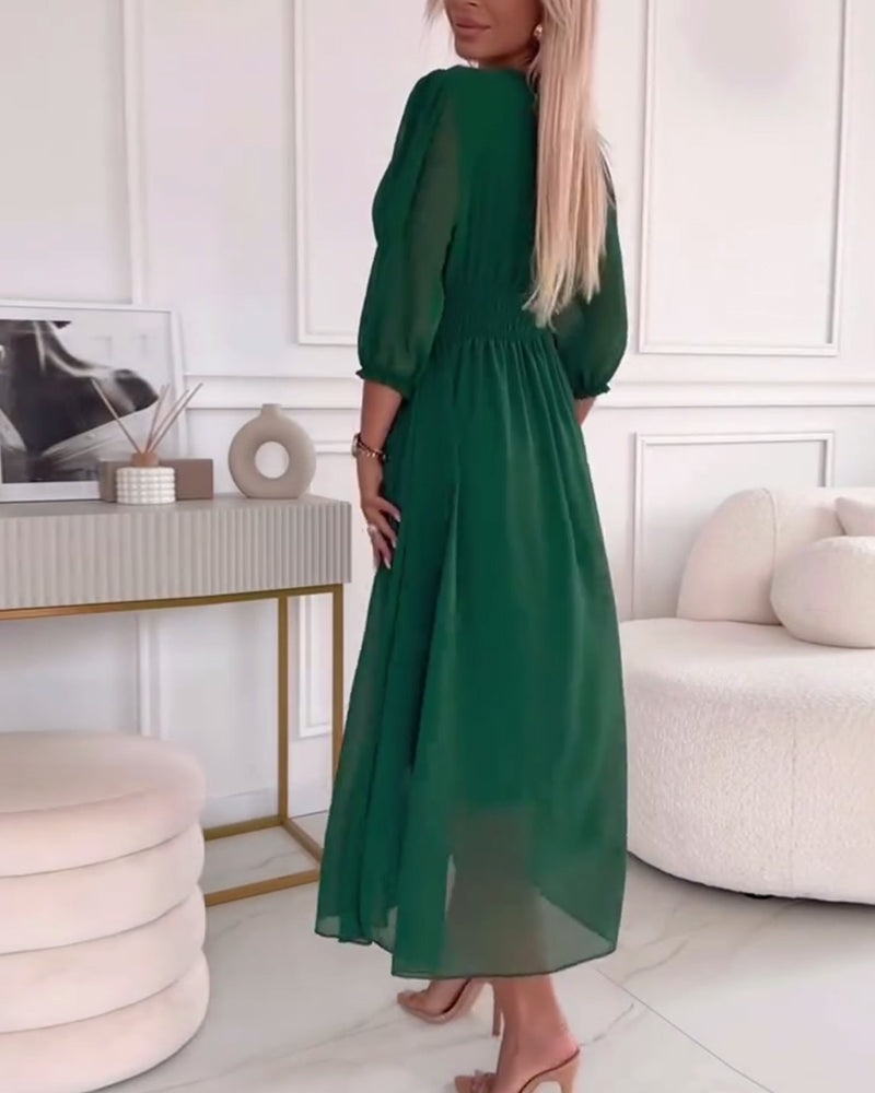 V-neck Solid Colour Waist Dress
