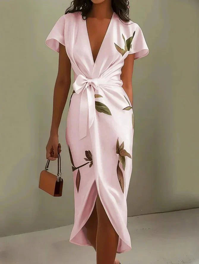 Midi bodycon dress in satin with short sleeves and white leaf pattern