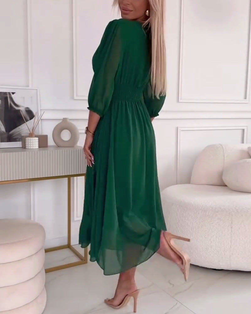 V-neck Solid Colour Waist Dress