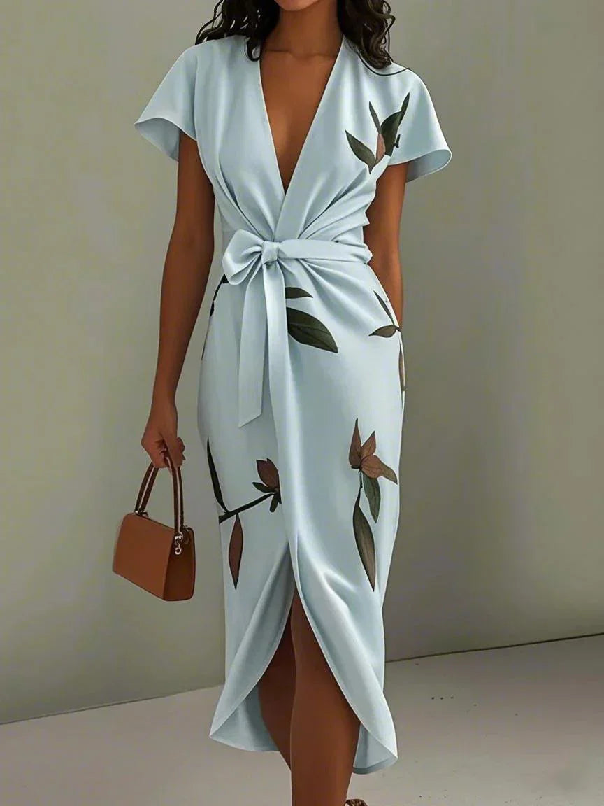 Midi bodycon dress in satin with short sleeves and white leaf pattern