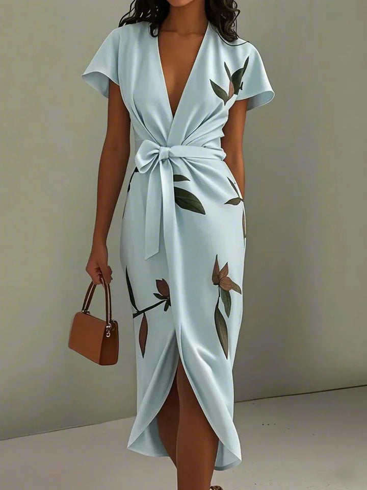 Midi bodycon dress in satin with short sleeves and white leaf pattern