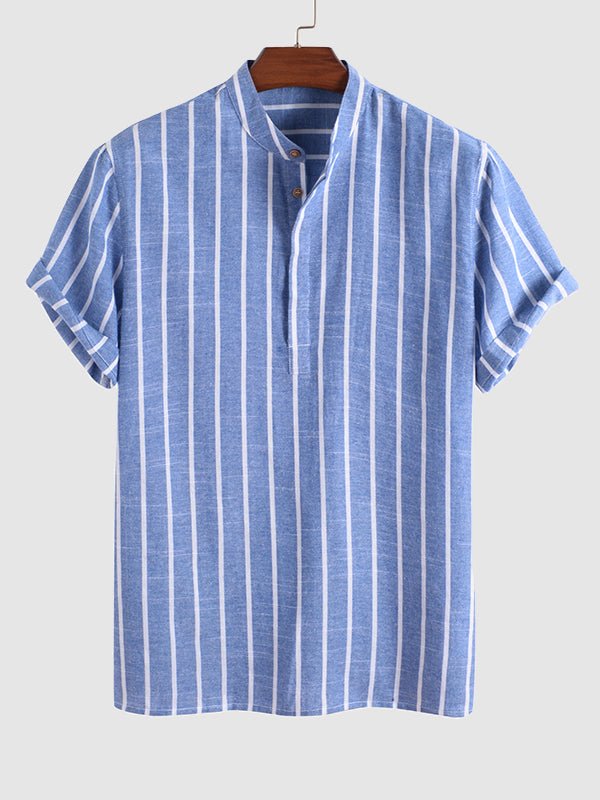 Men's Striped Mandarin Collar Half Button Shirt  Casual Shorts Set